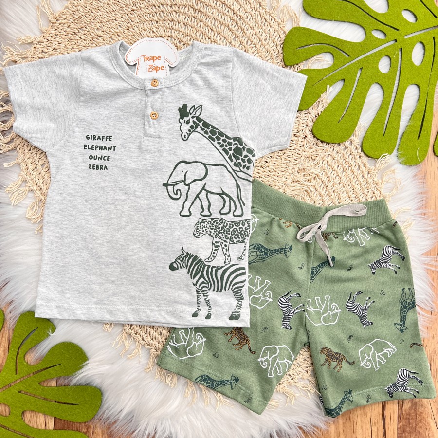 Conj. Camiseta Giraffe, Elephant, Ounce e Zebra e Bermuda - Mescla e Verde